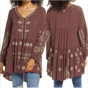 Free People Boho Arianna Tunic Flowey
Embroidered Brown Top S